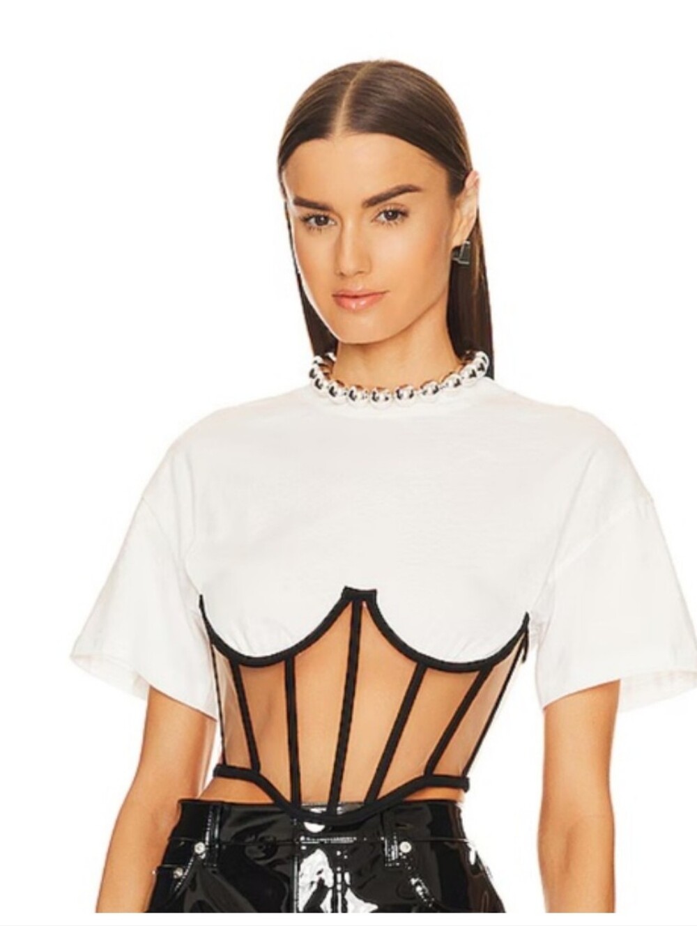 RtA White Cropped Tee with Black Corset Overlay Sz Small